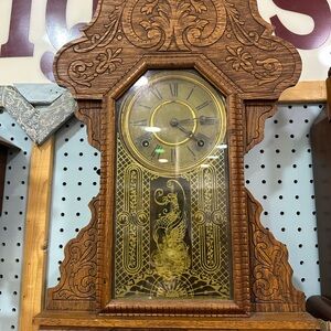 Rare Sessions Mantle Clock Gingerbread Carved Wood Antique Working w Key